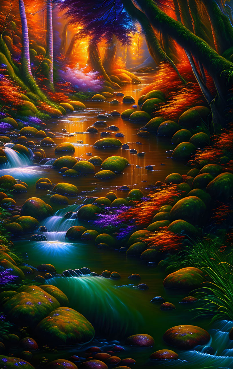 Enchanting forest with cascading river and vibrant flora