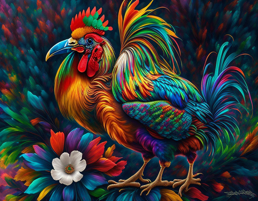 Colorful rooster surrounded by vibrant flora and intricate feathers