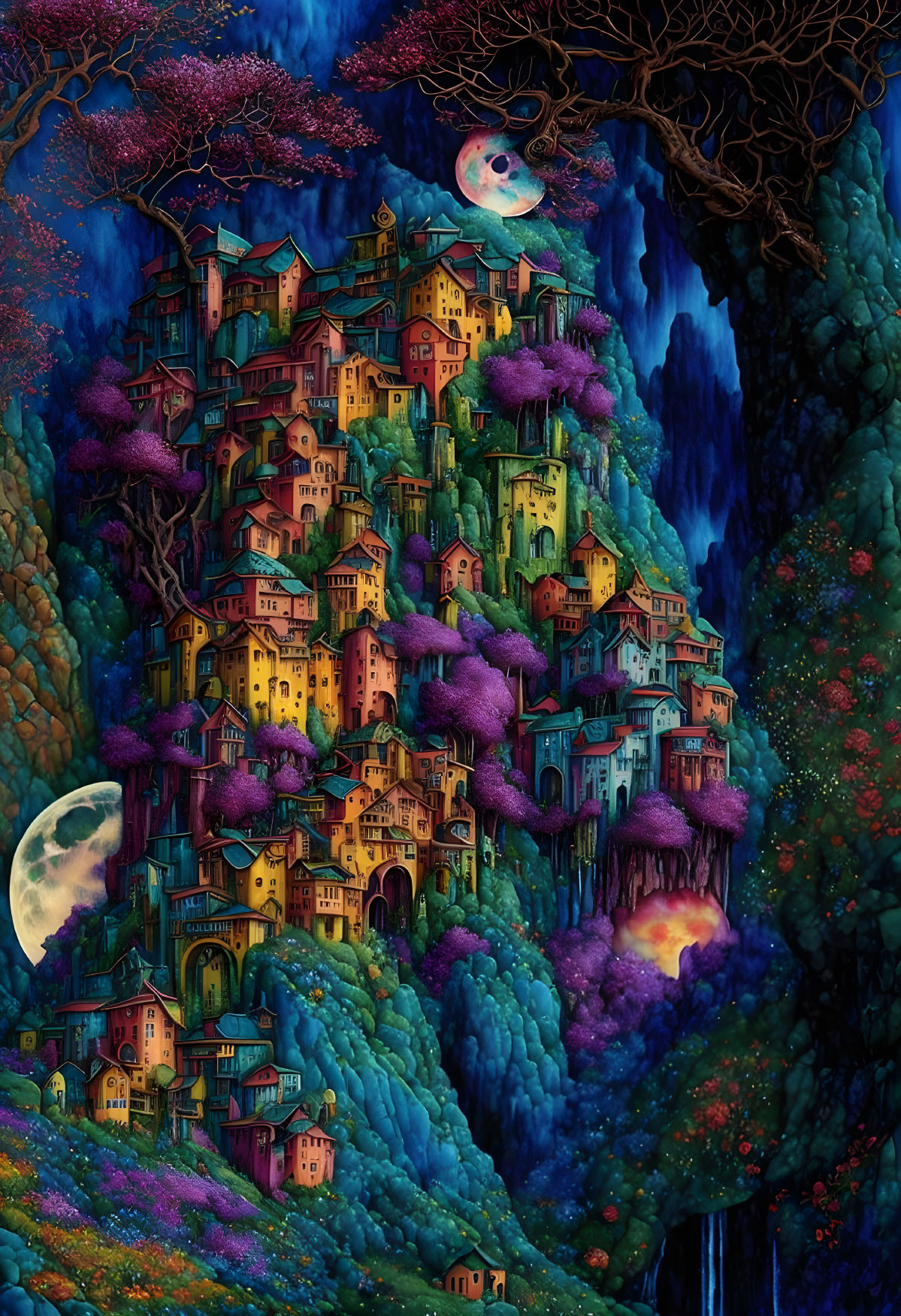 Colorful houses nestled in fantastical tree under crescent moon