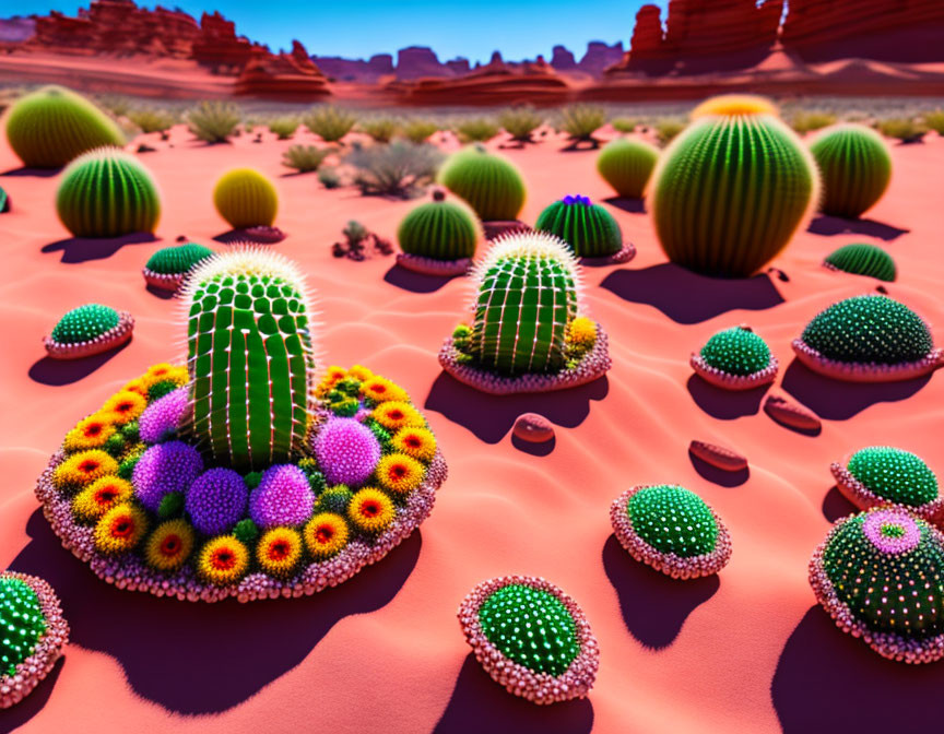 Colorful cacti in surreal desert landscape