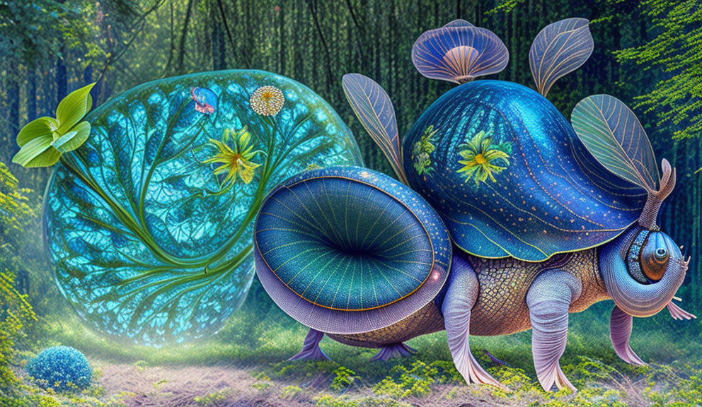 Colorful Illustration: Fantastical Snails with Floral and Celestial Shells in Enchant