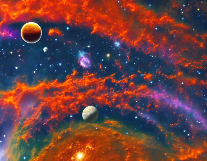 Orange Nebula with Planets and Stars in Cosmic Scene