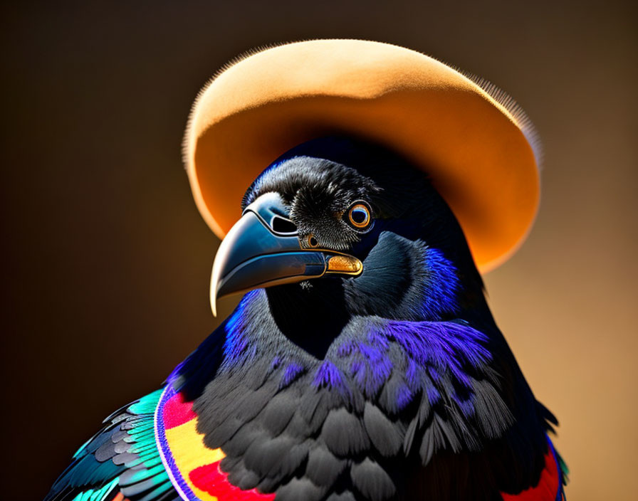 Colorful Bird with Rainbow Plumage and Yellow Beak Wearing Stylish Brown Hat