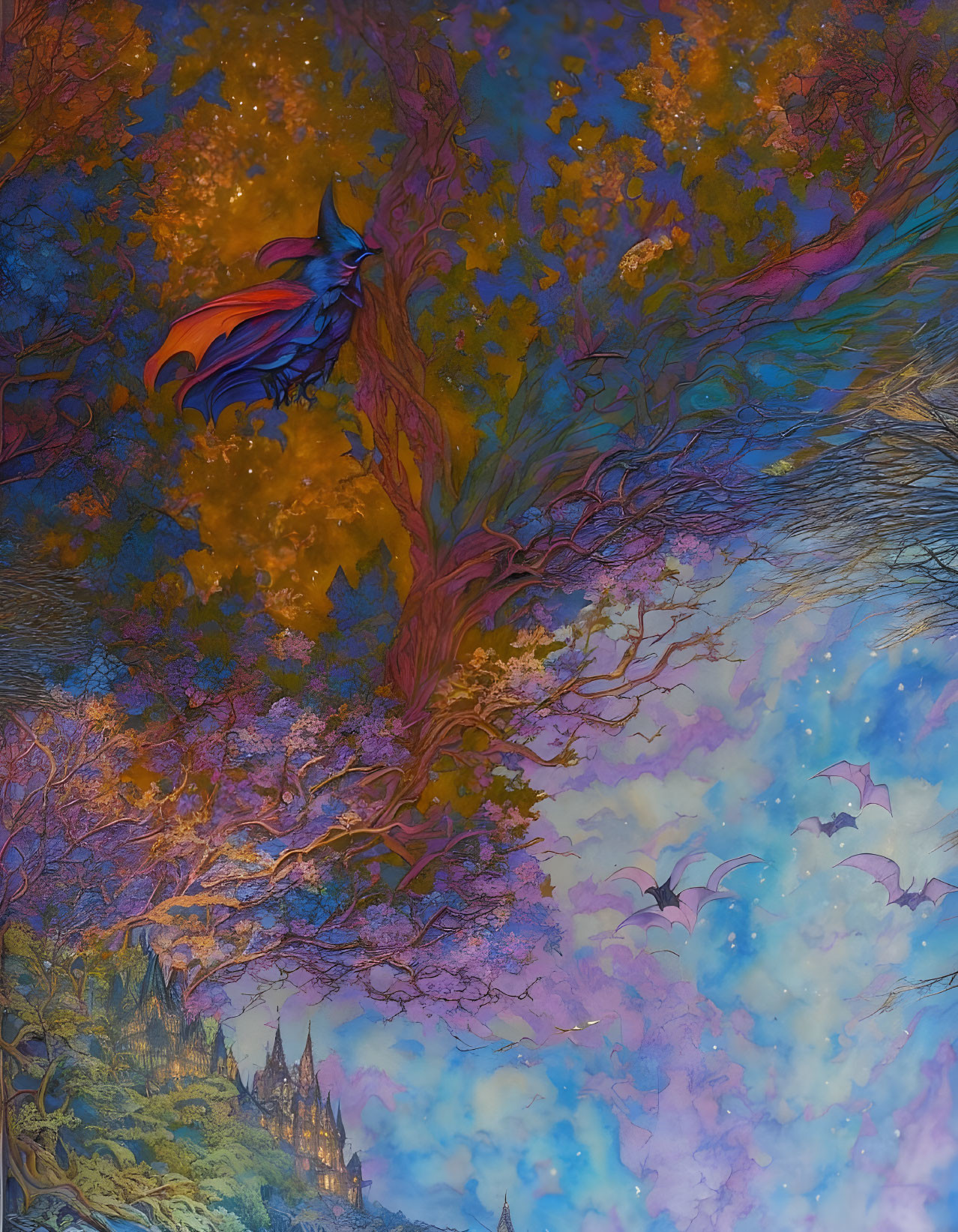 Colorful bird flying in fantastical scene with ethereal trees, castle, and flying creatures