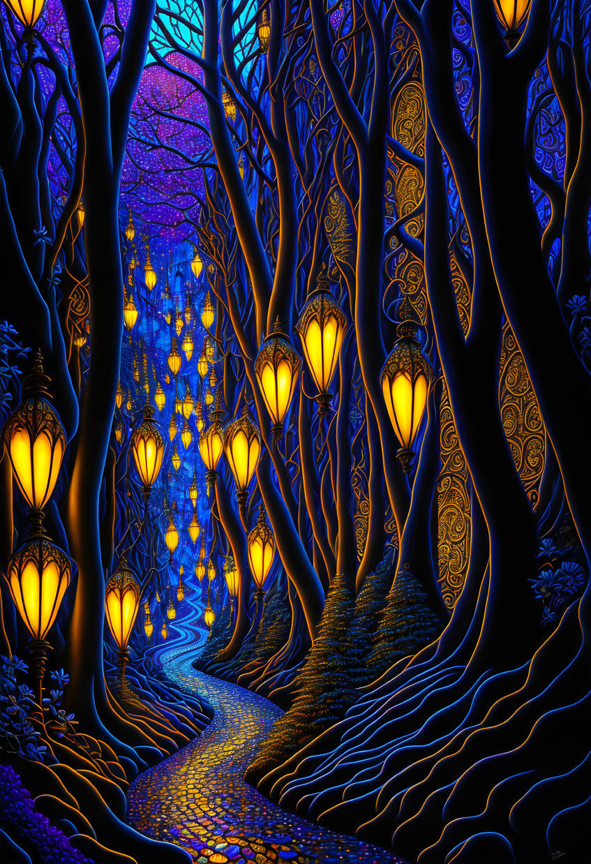 Fantastical cobblestone pathway with heart-shaped lanterns under starry sky