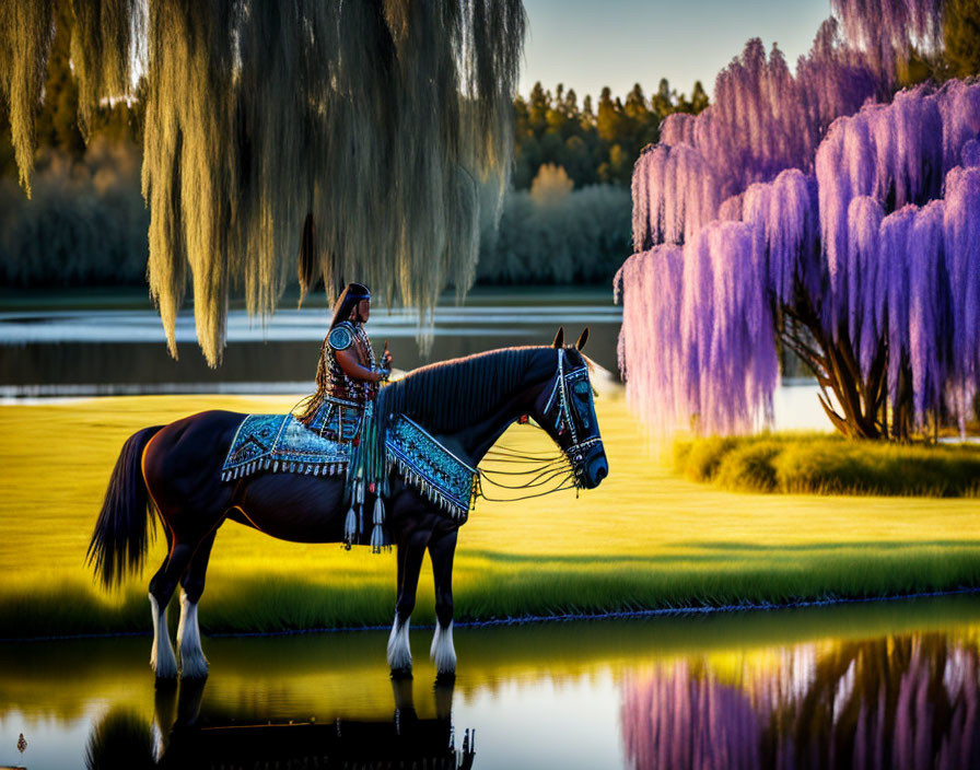 Traditional Attire Person on Horse by Lake at Sunset