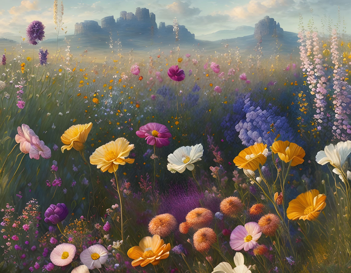 Scenic painting of flower-filled meadow with distant castle under cloudy sky