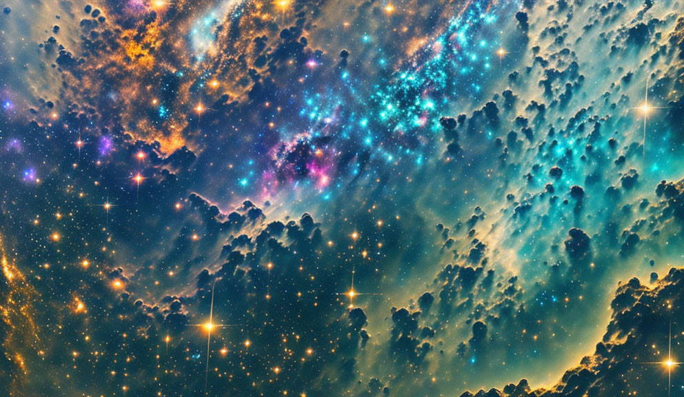 Colorful cosmic dust and gas clouds in starlit space