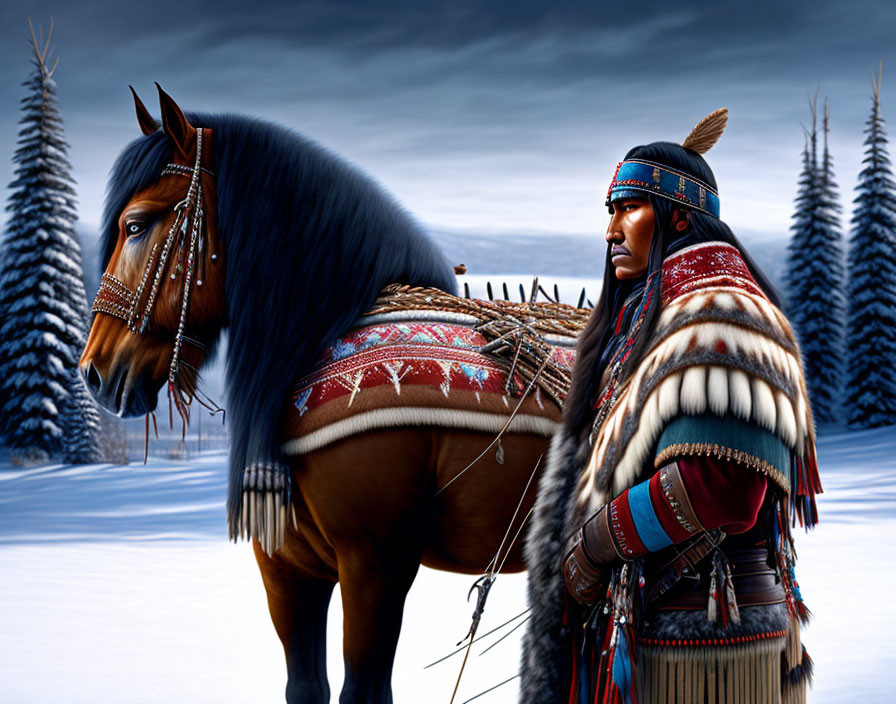 Native American man with adorned horse in snowy landscape