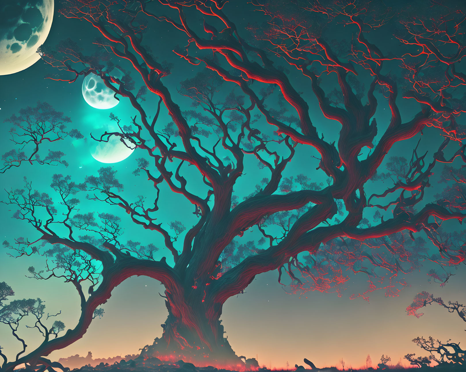 Giant tree with red leaves under green sky and multiple moons