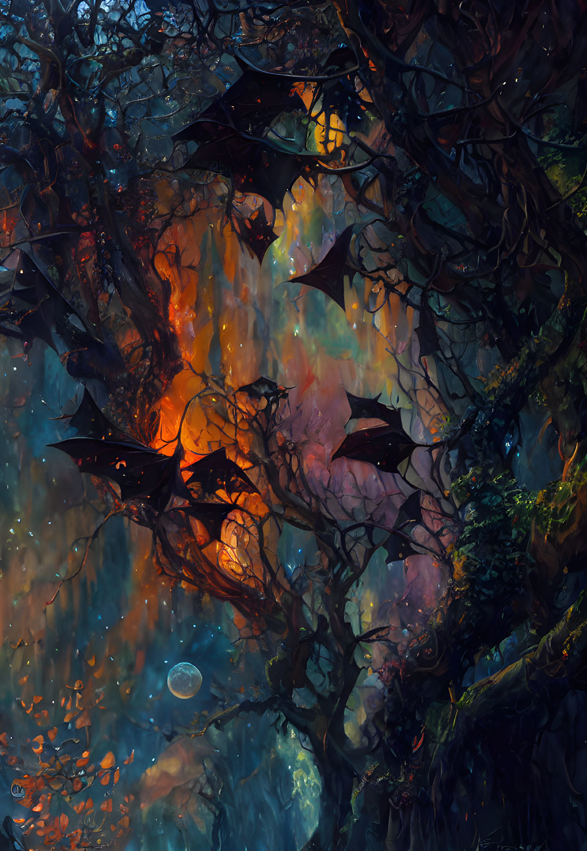 Mystical forest at dusk: twisted trees, glowing orange hues, eerie blue lights, bats,