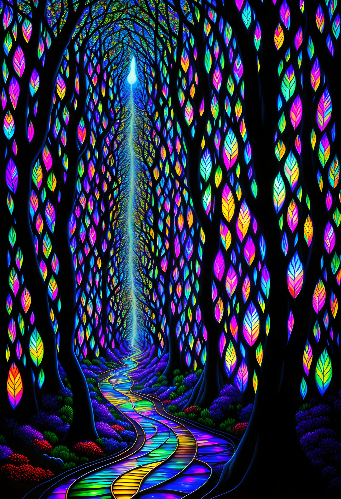 Colorful Digital Artwork: Mystical Forest with Leaf Patterns and Bright Light