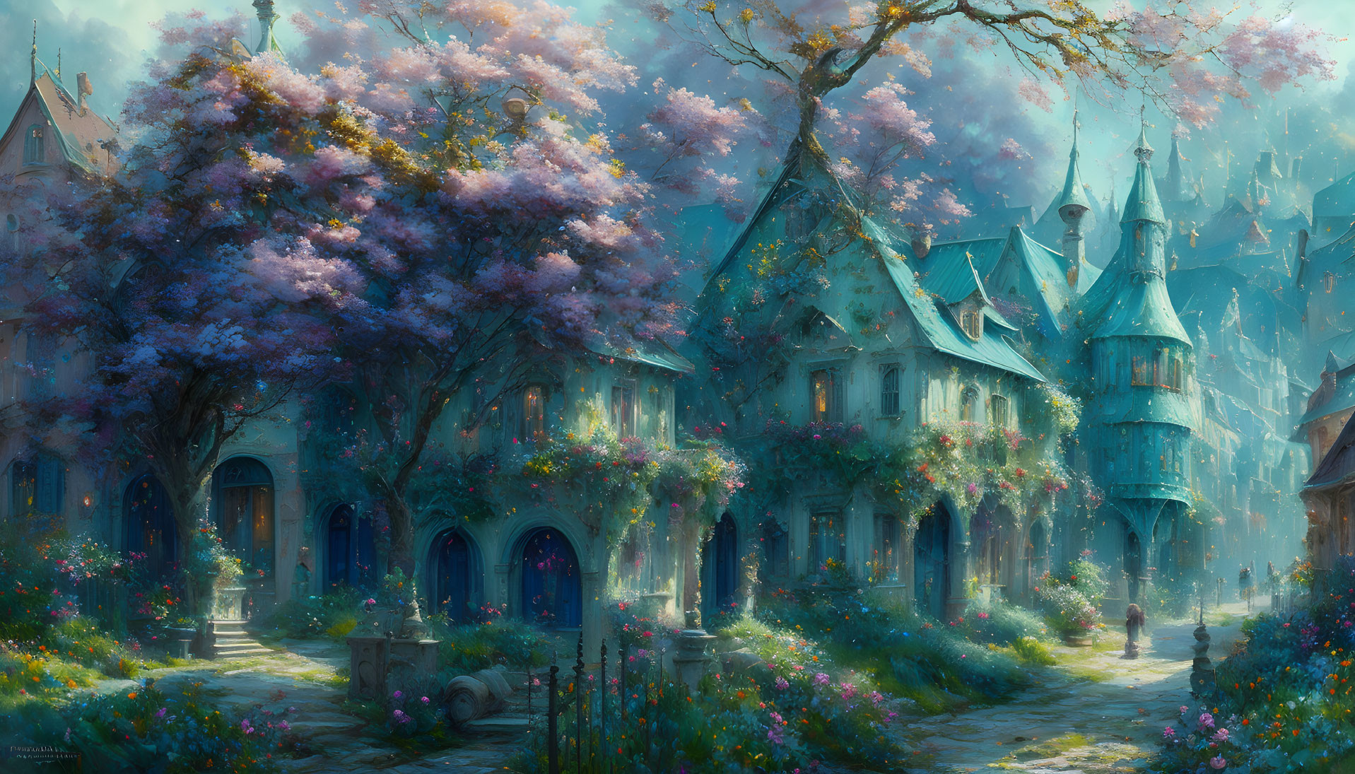 Fantasy village with purple trees, stone houses, cobblestone paths, and vibrant flowers