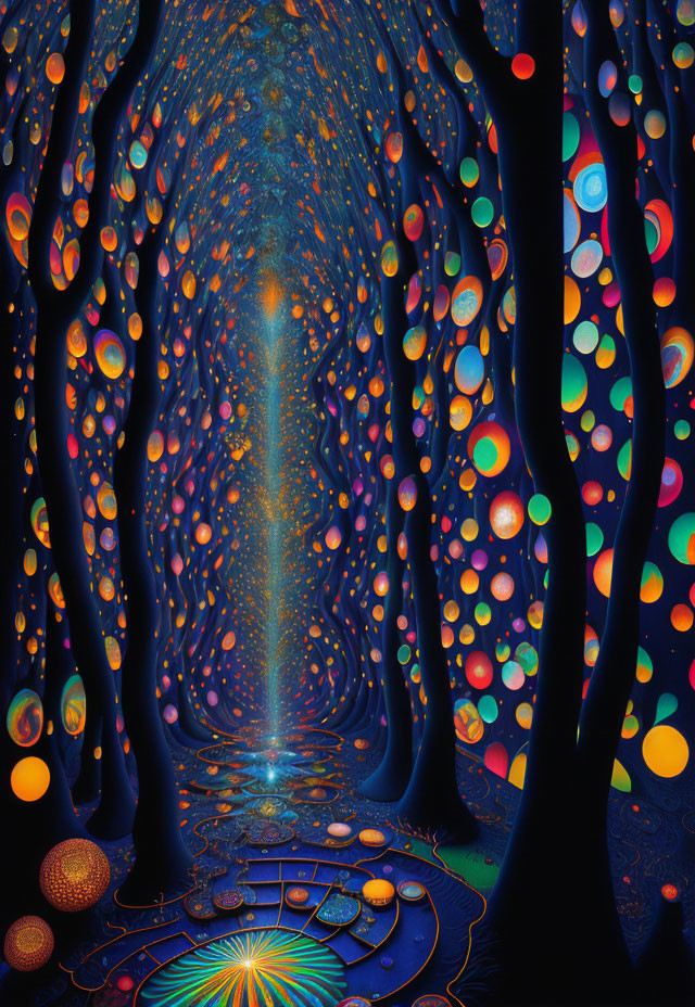 Vibrant forest path with luminous orbs and mystical light