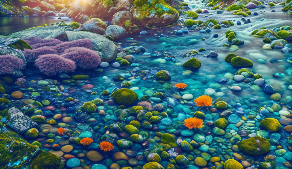 Colorful Riverbed with Moss-Covered Rocks and Greenery