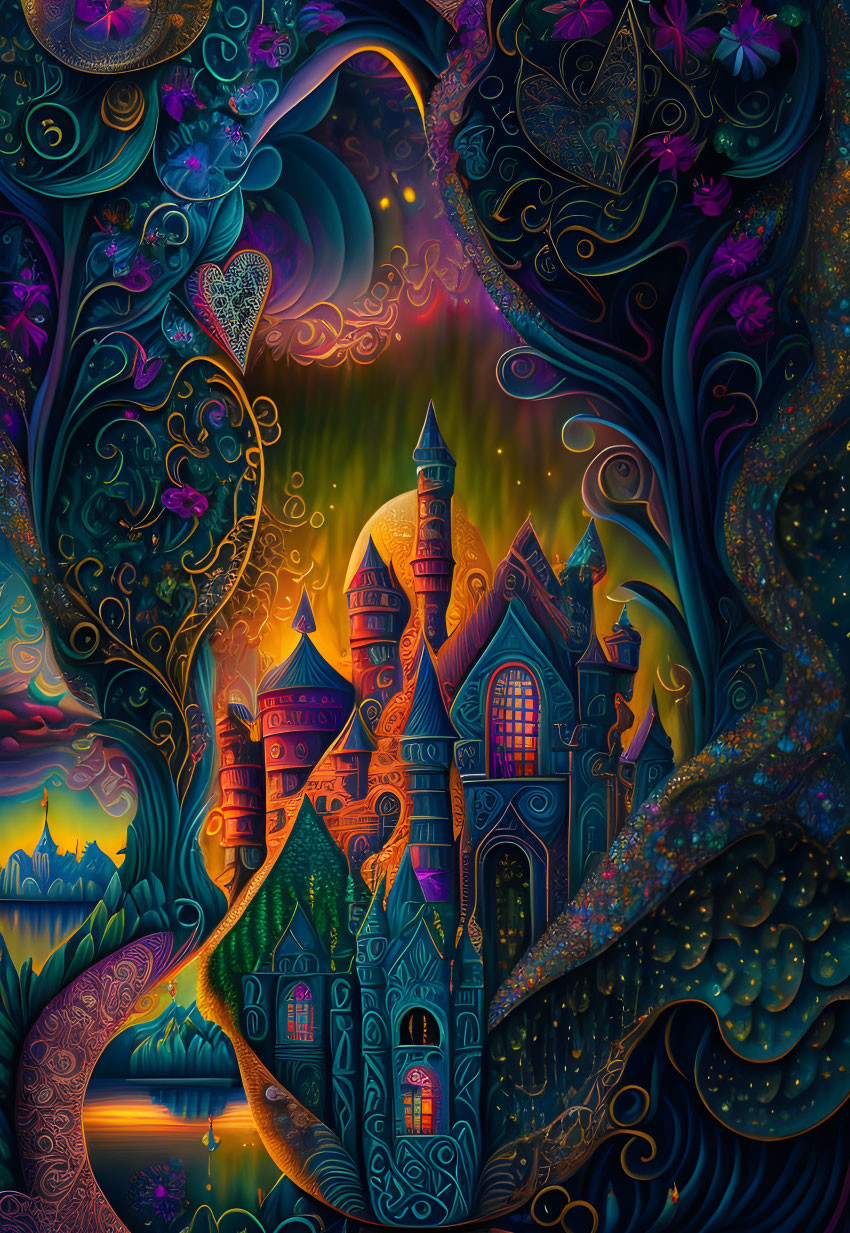 Colorful Illustration: Whimsical Castle in Magical Twilight Landscape