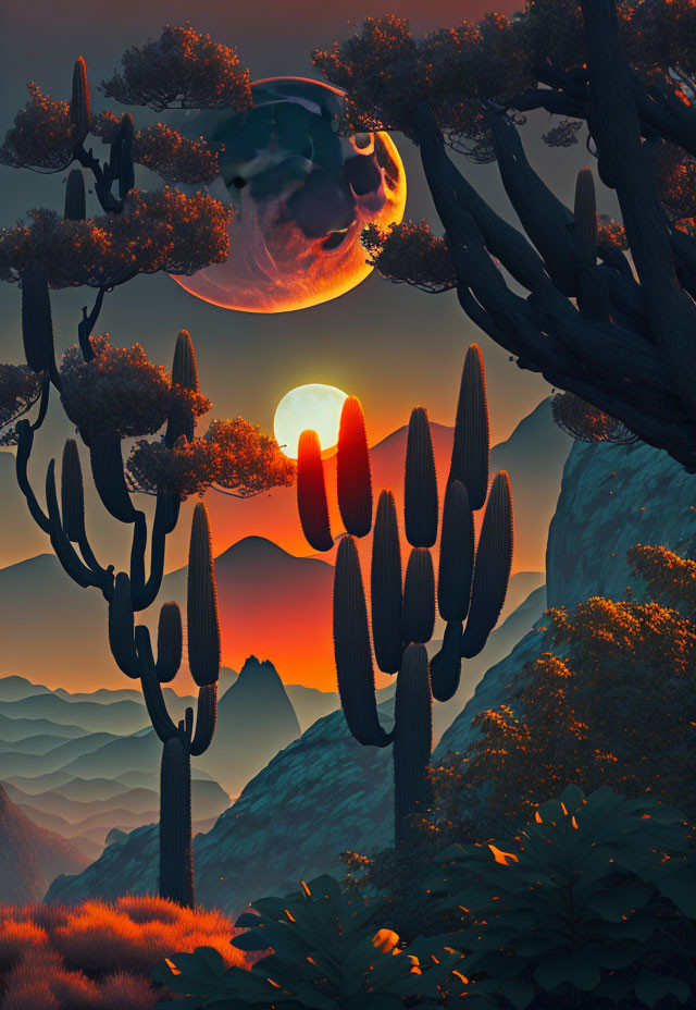 Surreal landscape with towering cacti, lush trees, moon, sun, and mountains