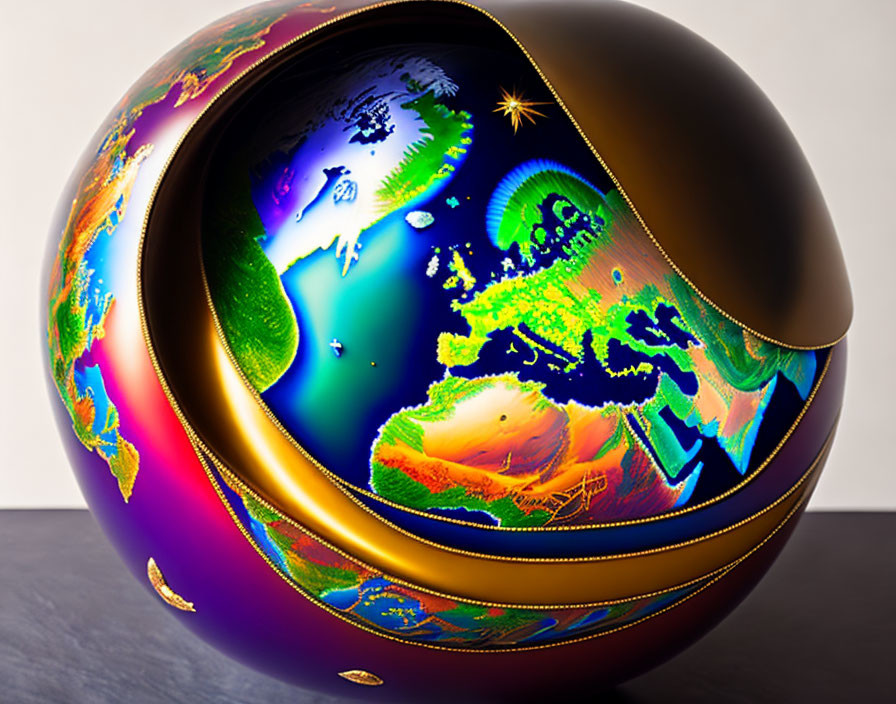 Reflective metallic sphere with Earth map design on dark background