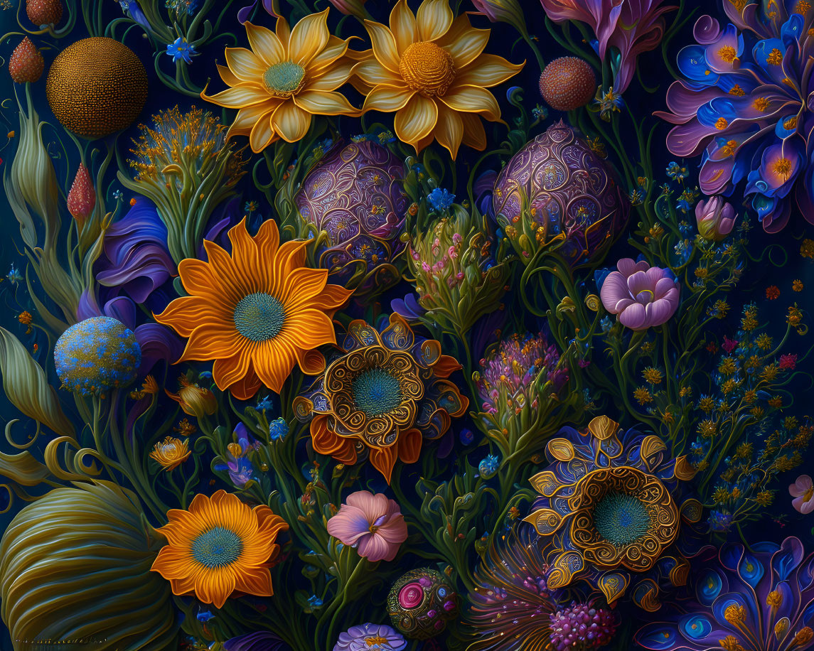 Detailed floral illustration in gold, blue, and purple hues