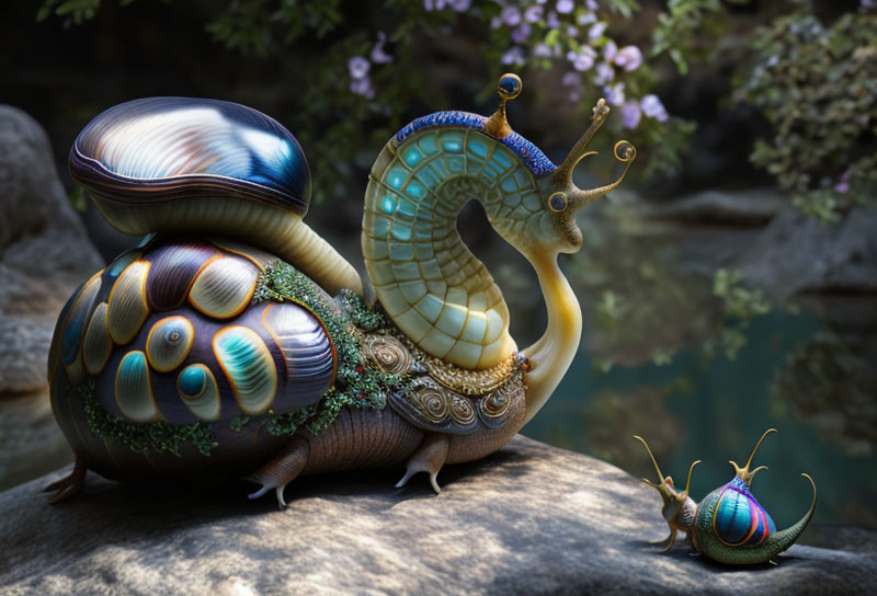 Fantastical snails with ornate shells in serene mossy setting