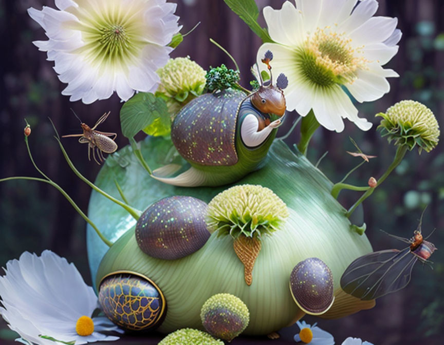 Whimsical digital artwork: Snails, botanicals, insects, flowers in forest.