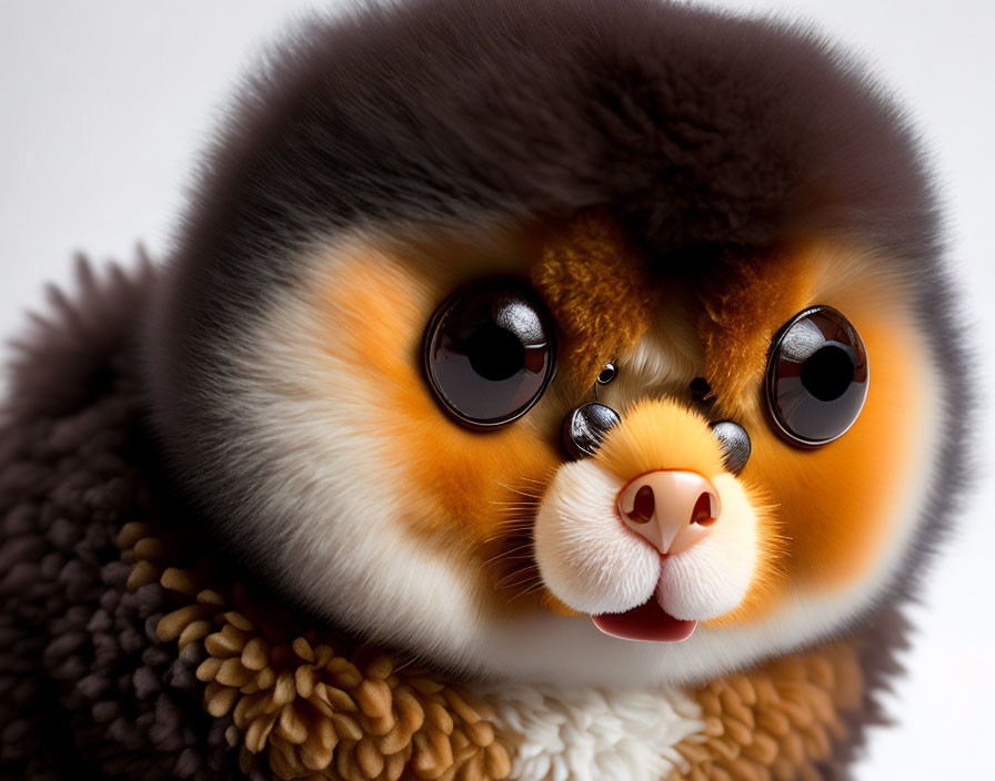 Stylized plush toy with large head and glossy eyes in brown and cream