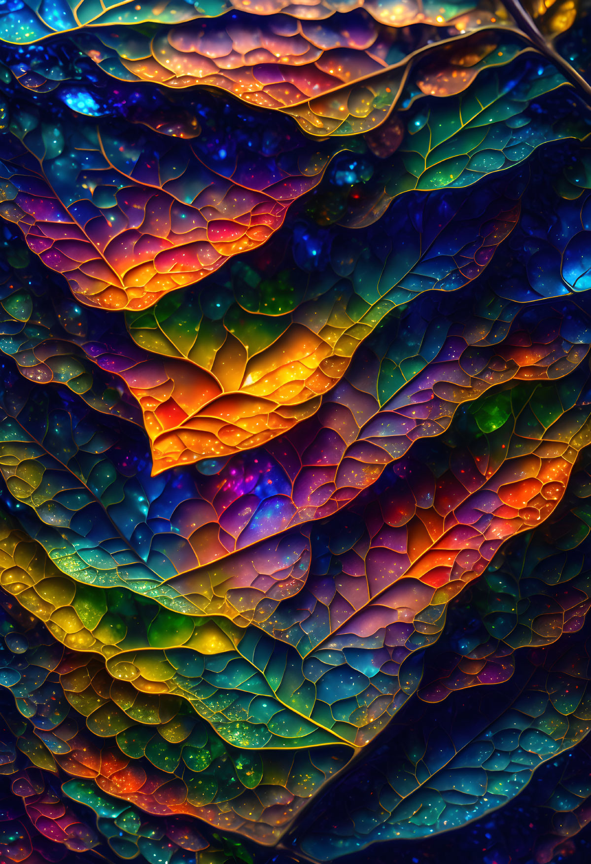 Translucent rainbow-colored leaves with droplets and lit veins