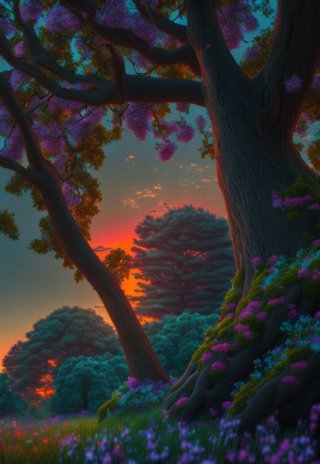 Vivid purple blossoms and lush greenery in enchanting forest sunset