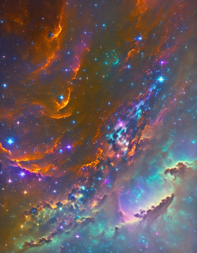 Colorful orange and blue cosmic clouds with scattered bright stars.