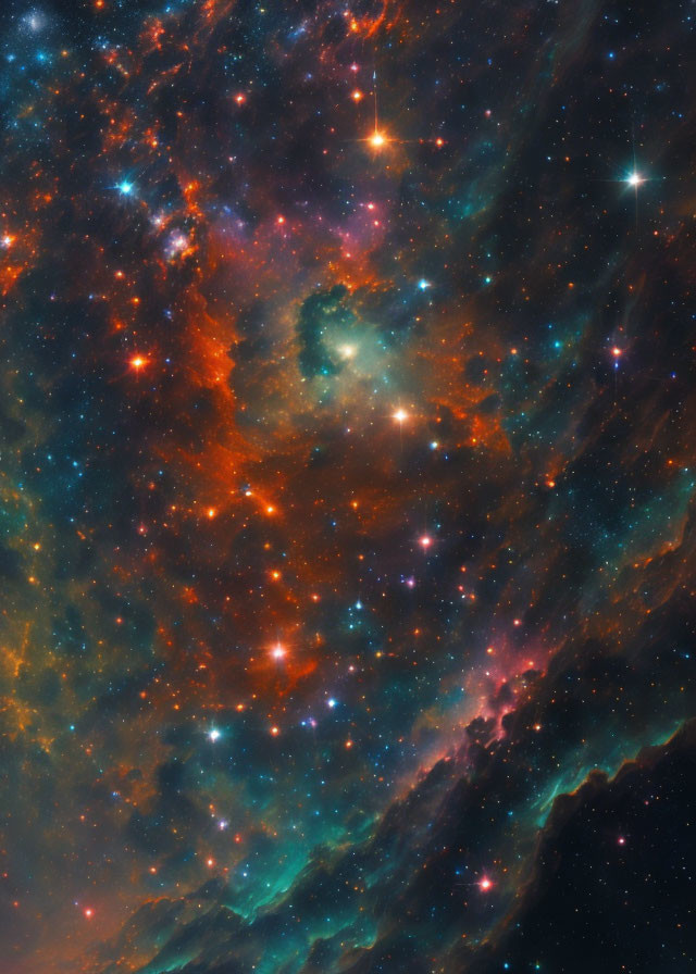 Colorful space image with swirling clouds and twinkling stars.