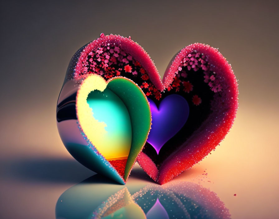 Vibrant nested hearts with glossy texture on muted background