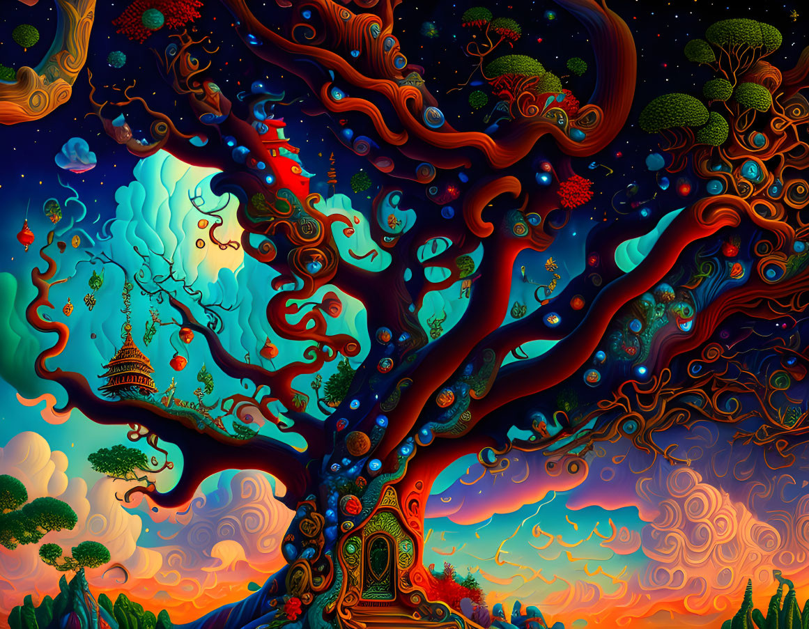 Fantastical landscape with whimsical tree, floating islands, temple, and swirling sky patterns