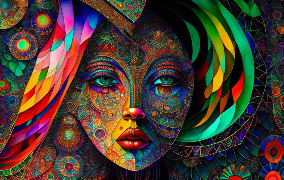 Colorful digital art of woman's face with abstract and psychedelic designs