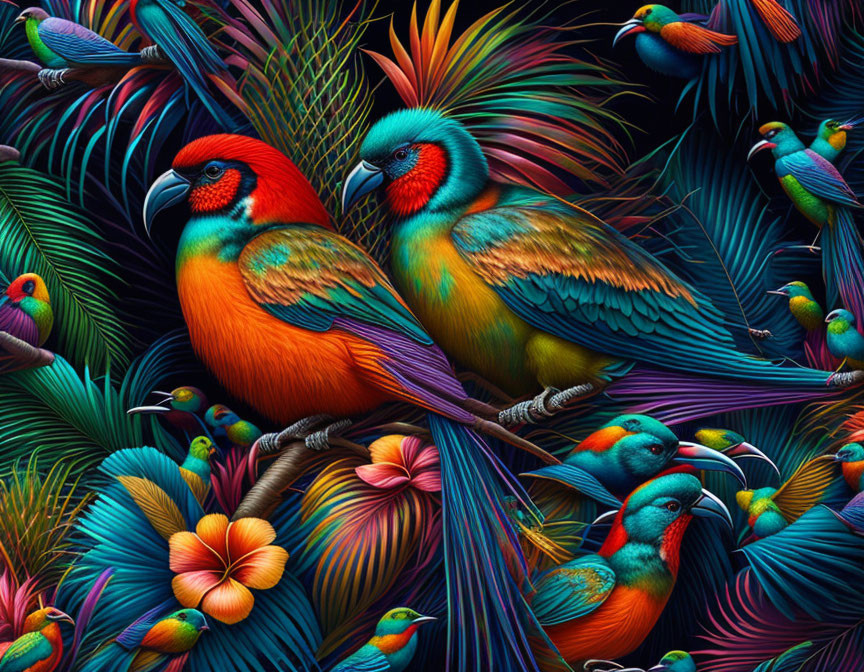 Colorful Parrots in Tropical Digital Artwork