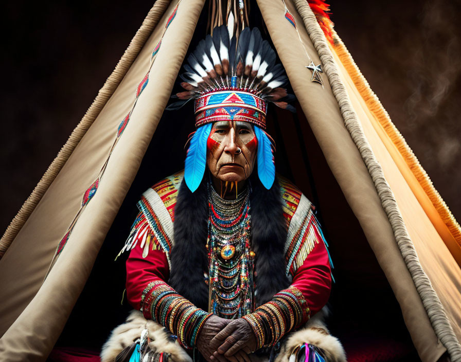 Native American person in regalia with feather headdress by teepee