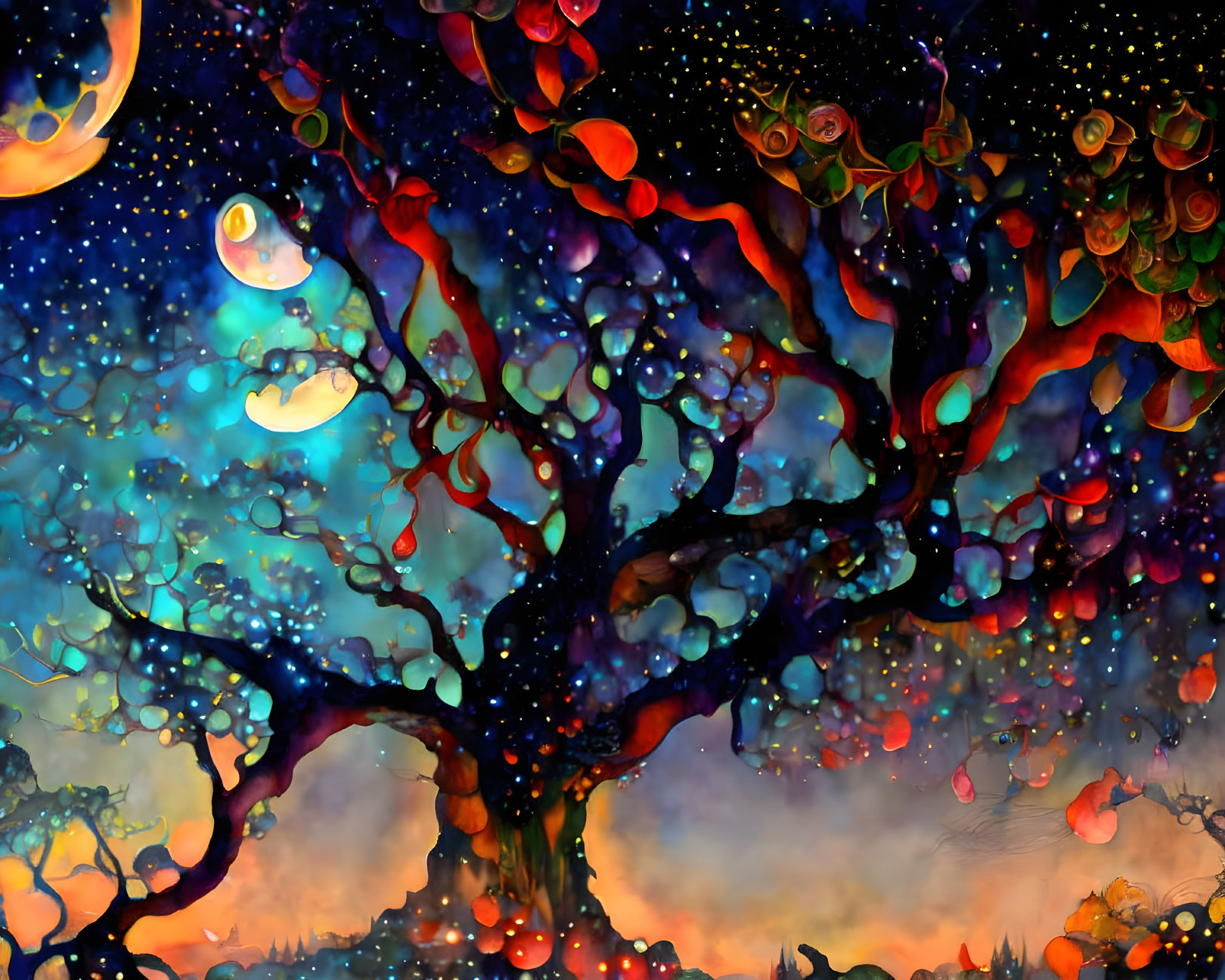 Colorful tree painting under night sky with stars and crescent moons