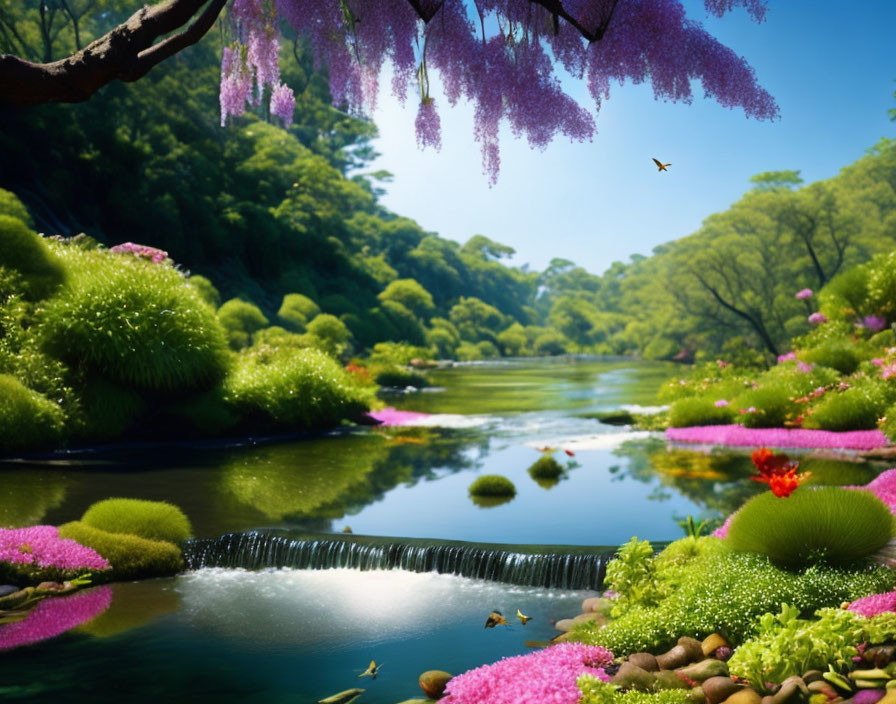 Tranquil river with rocks, lush greenery, purple blooms, red flowers & flying bird