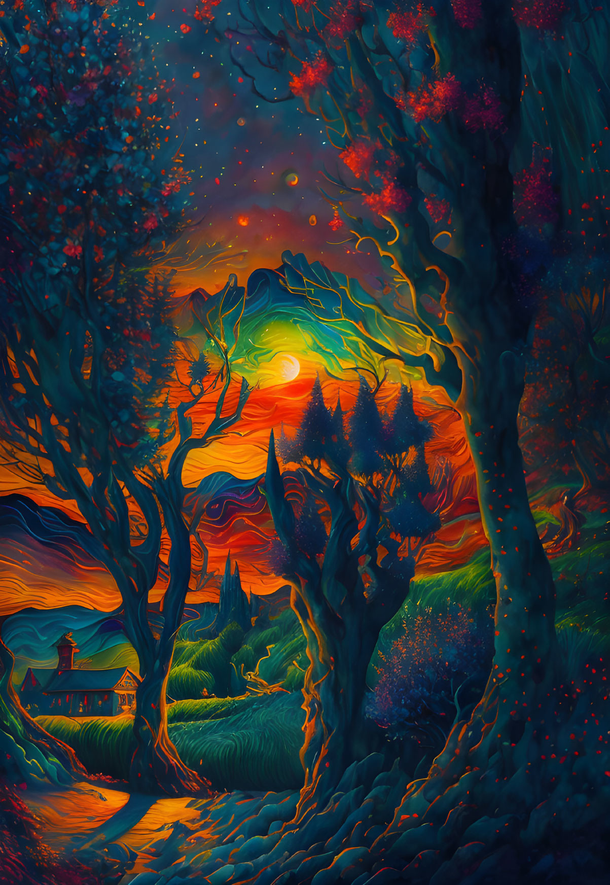 Colorful surreal sunset landscape with twisted trees and star-filled sky