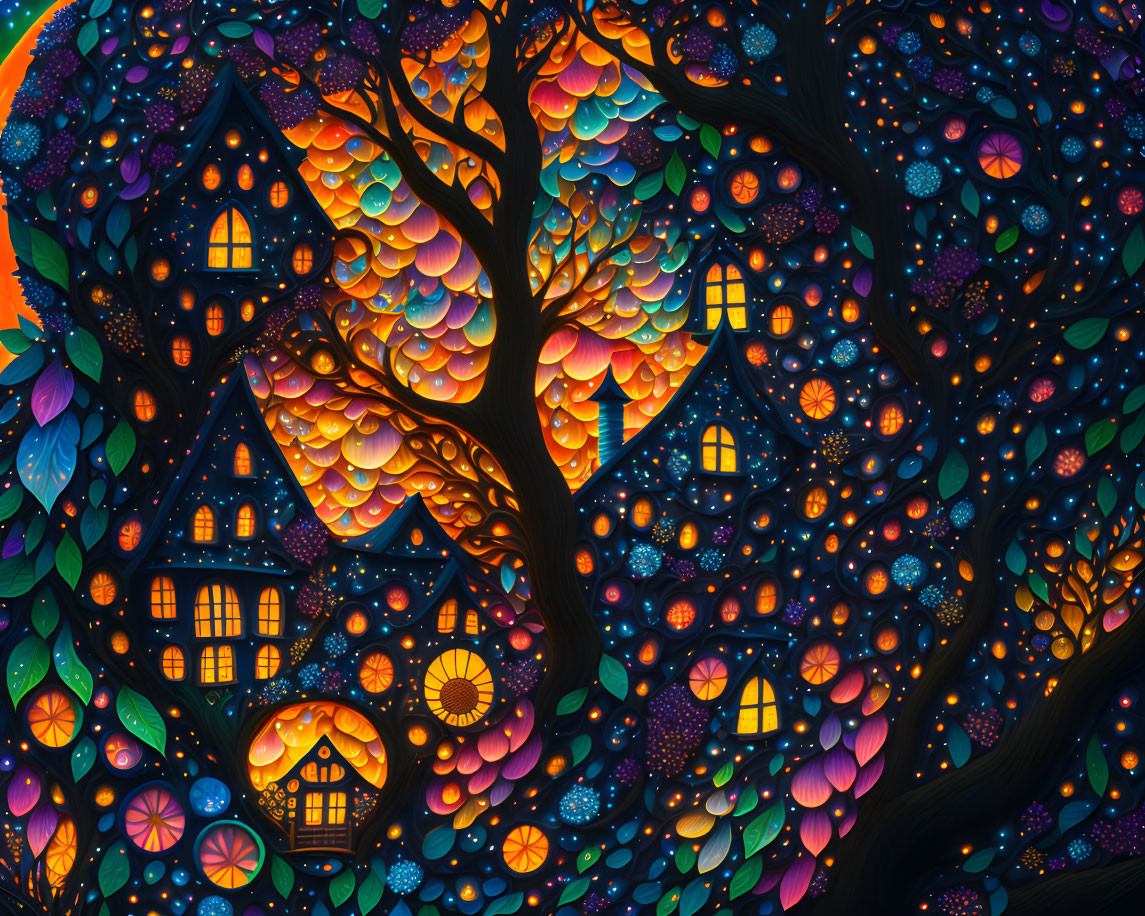 Colorful Tree Illustration with Cozy Cottages in Vibrant Patterns