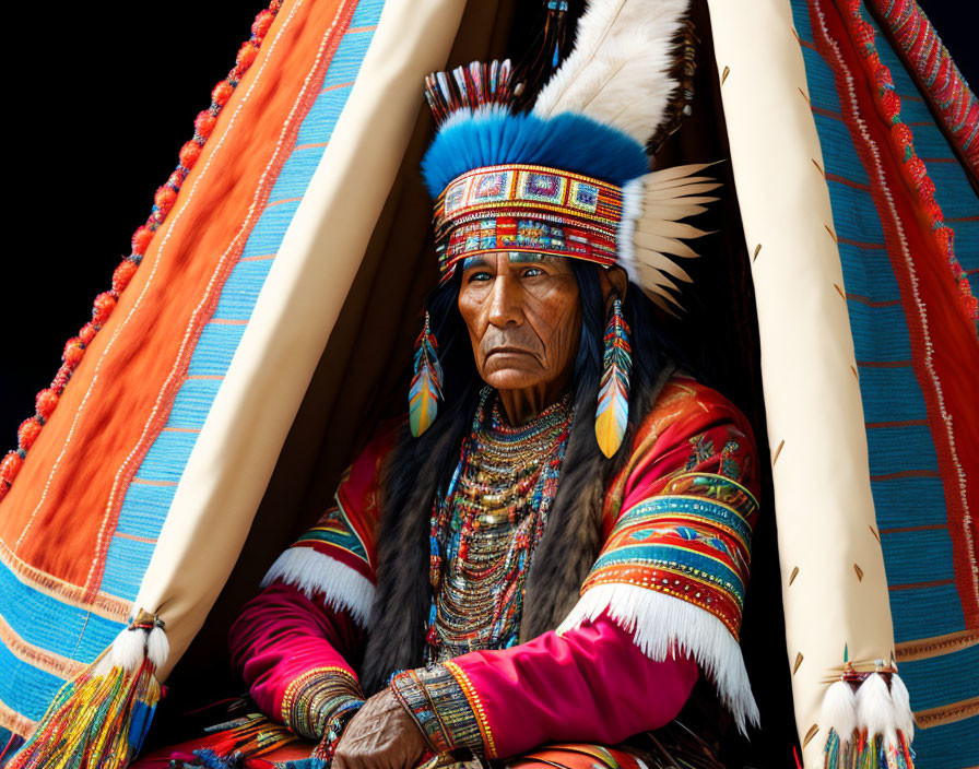 Traditional Native American attire with headdress and tipi backdrop.