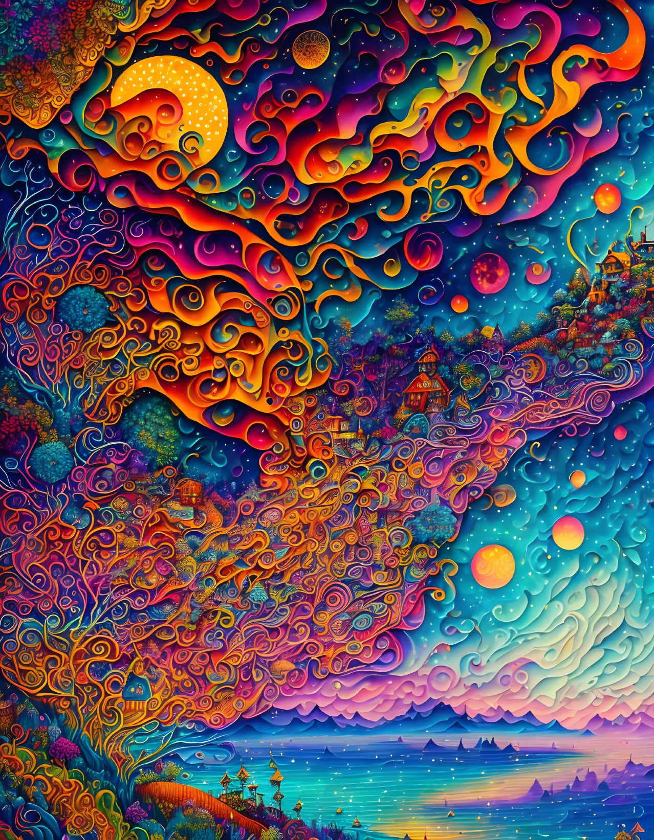 Colorful Psychedelic Artwork: Swirling Patterns, Crescent Moon, Celestial Bodies, Waves