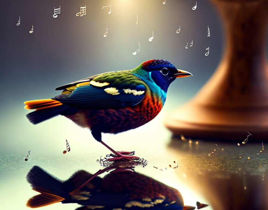 Colorful bird on reflective surface with musical notes and pottery piece.