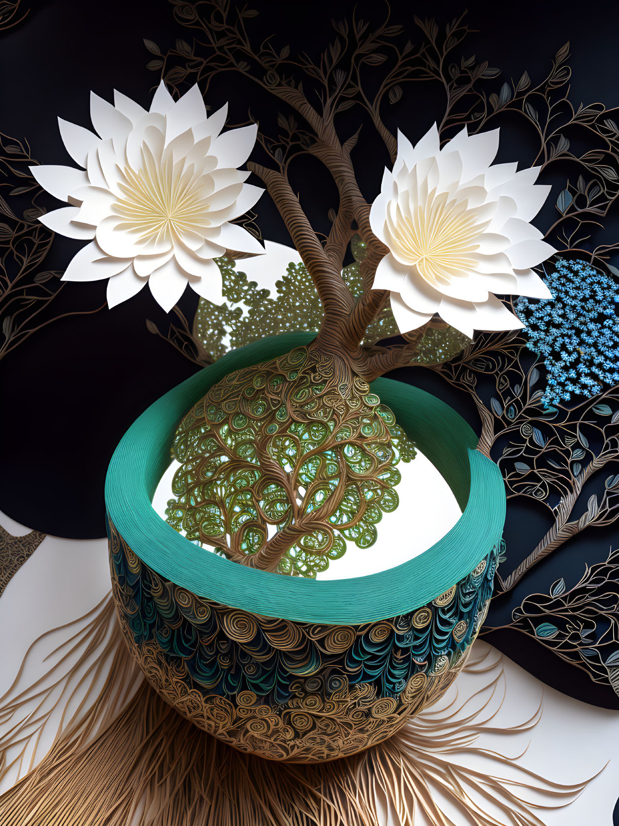 Digital Artwork: Ornate Tree in Gold Details and Turquoise Vase