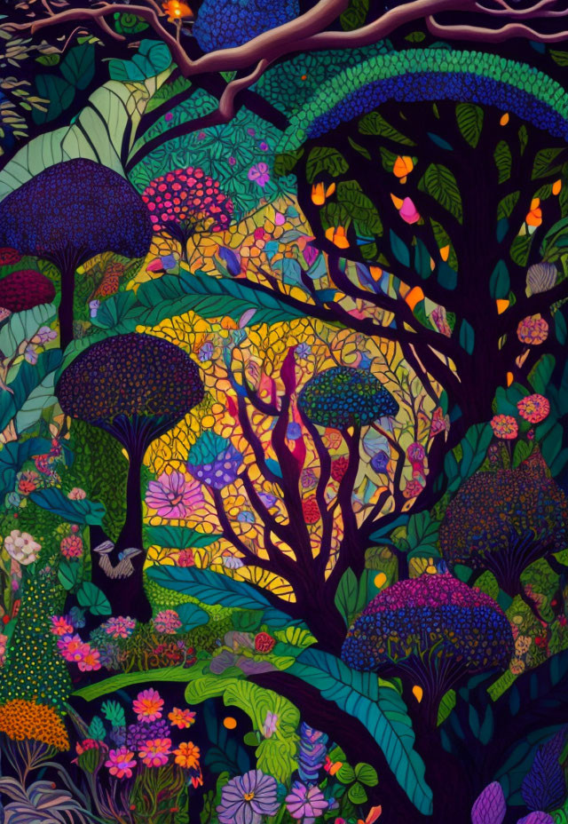 Colorful forest illustration with intricate patterns and whimsical trees