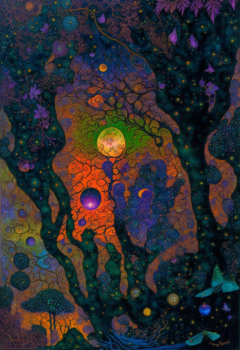 Colorful Psychedelic Tree Painting on Dark Blue Background