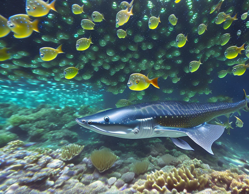 Underwater scene: barracuda, yellow fish, coral reef, sunbeams