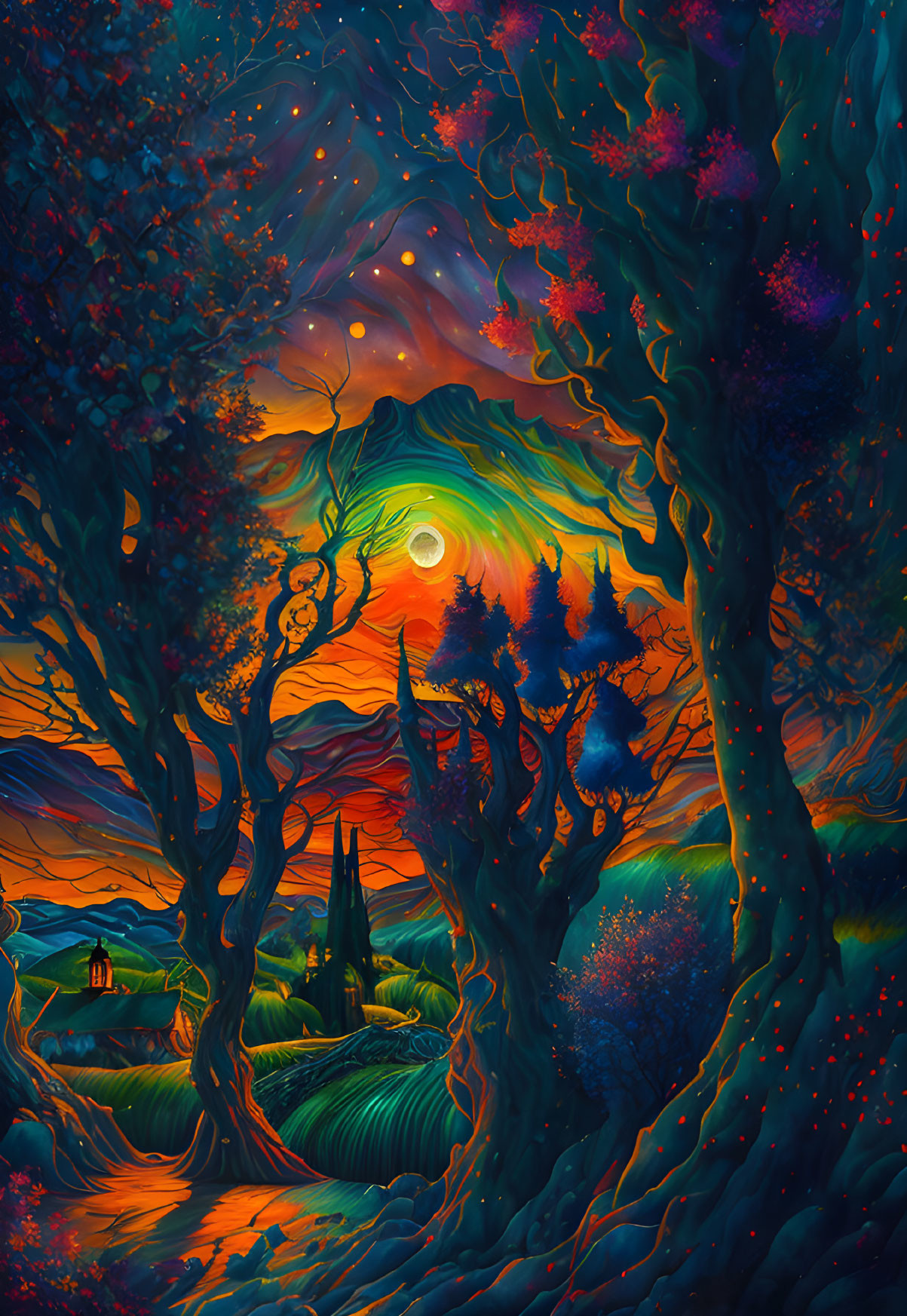 Fantasy landscape with twisted trees, glowing moon, and starry sky at dusk