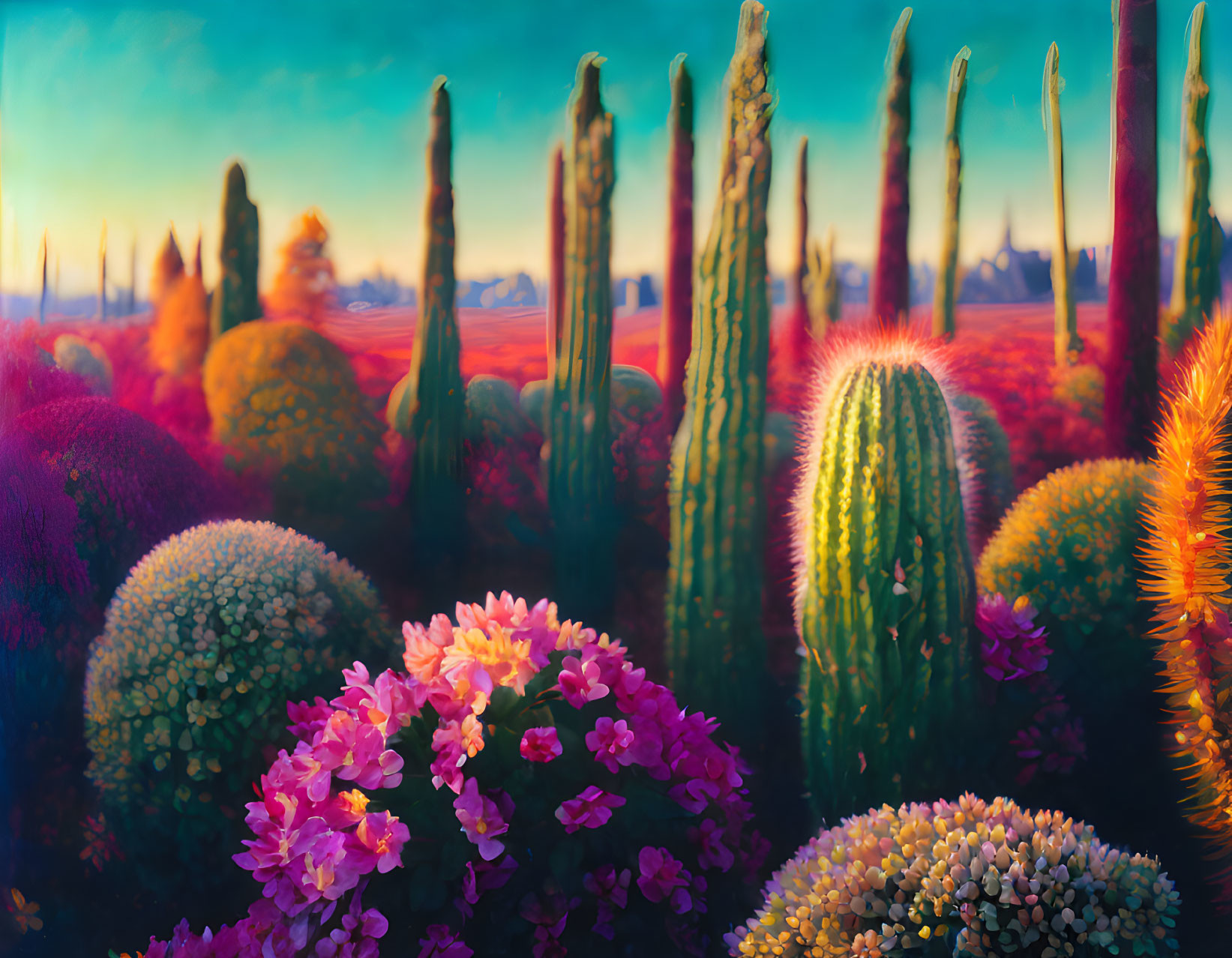 Desert sunset painting with cacti and flowering shrubs