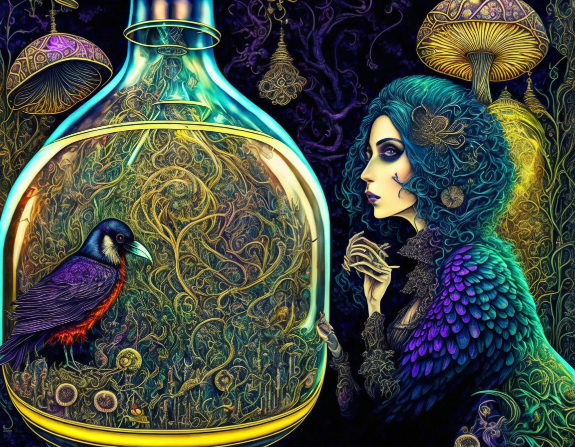 Colorful artwork of woman with ornate hair, crow in bottle, intricate patterns.