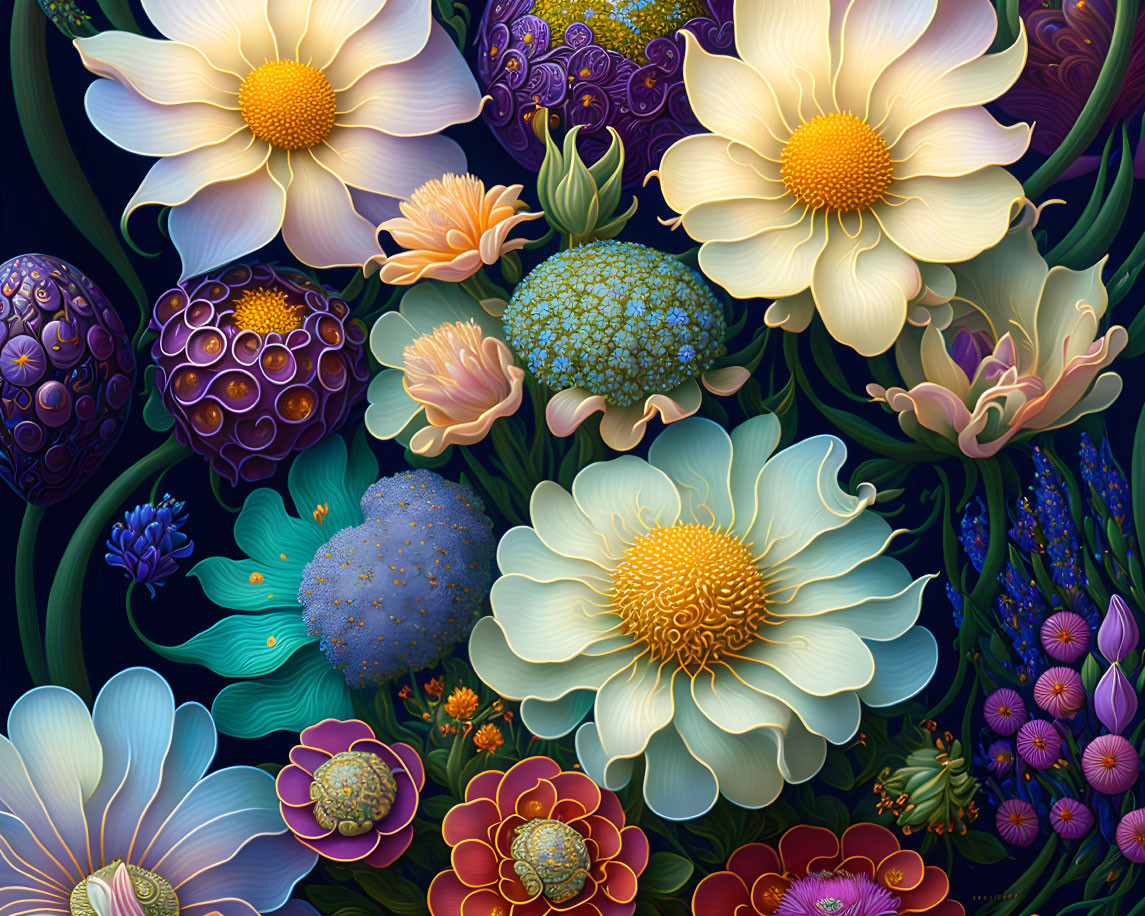 Colorful digital illustration: stylized flowers with intricate patterns